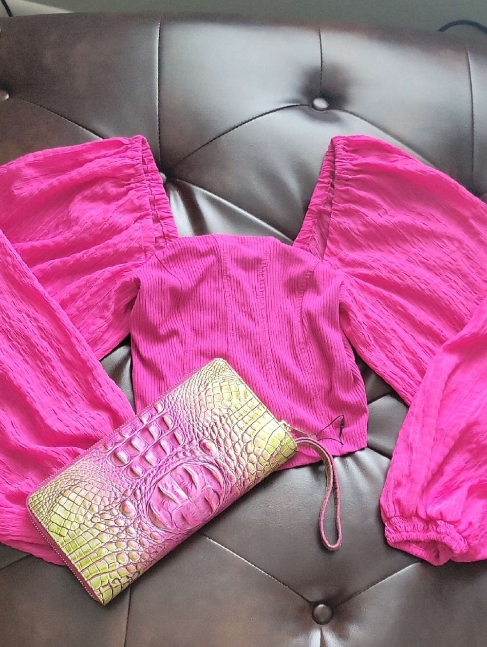 Puff Sleeve Square Neck Crop Top - Fuchsia